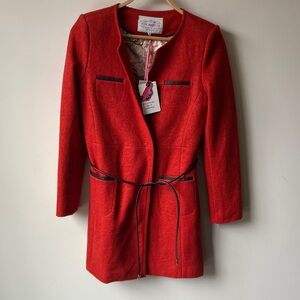 PINK MARTINI Wool Blend Burnt Orange Long Coat w Faux Leather Trim Size M NWT